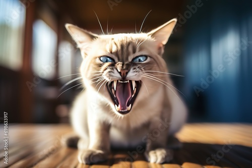 Thai Tonkinese cat hissing in a cozy home background photo