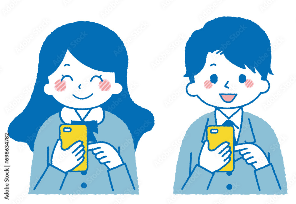 スマホを操作する学生のイラスト。 スマホを操作する学生のイラスト。