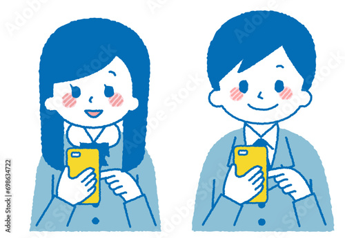 スマホを操作する学生のイラスト。