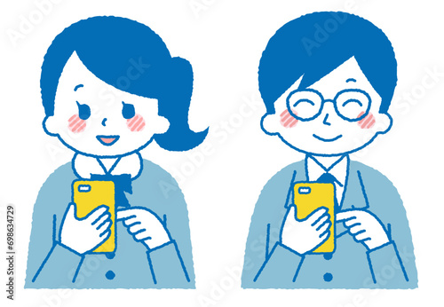 スマホを操作する学生のイラスト。