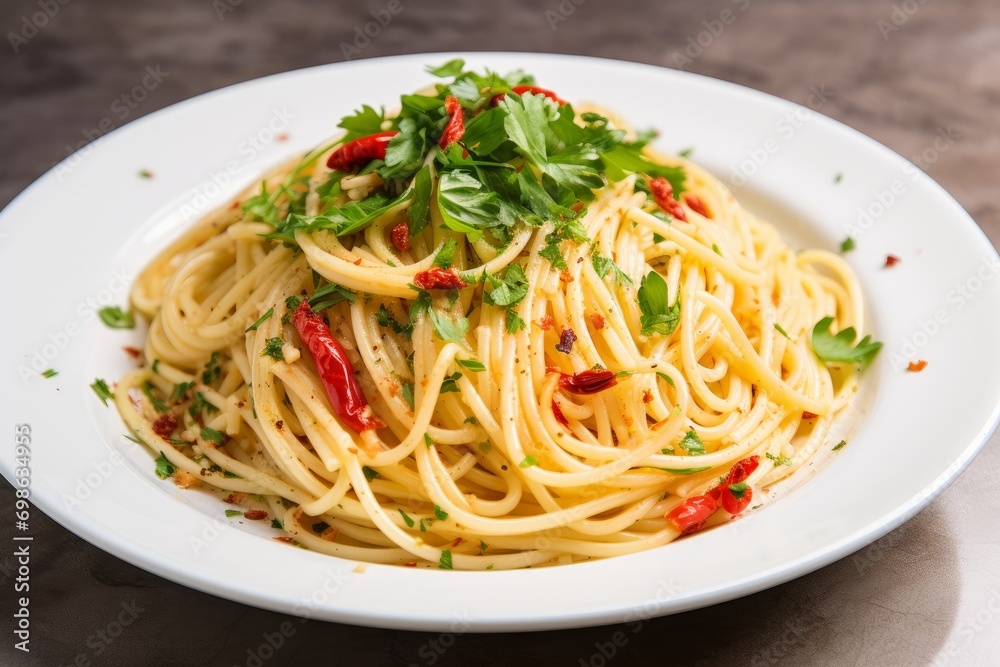 Photo of a plate of classic spaghetti aglio e olio with garlic and chili. Generative AI