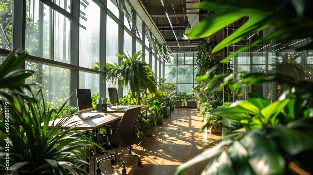 Office space with lush green plants. Sustainable and nature friendly corporate environment. Office Environment concept.