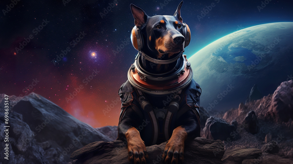 cute dog in space suit, funny doggy in spacesuit walking by far planet - obrazy, fototapety, plakaty 