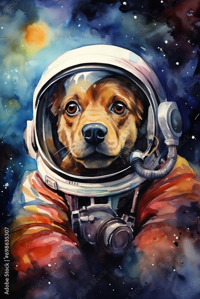 cute dog in space suit, funny doggy in spacesuit flying in cosmos - obrazy, fototapety, plakaty 