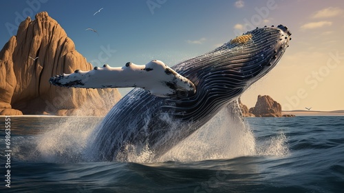 giant gorgeous whale jumping ot of sea water at sunset © goami