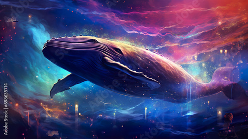 colorful stylish illustration of fantastic whale swimming in outer space with stars and nebulas, fantasy mammal in colourful cosmos © goami