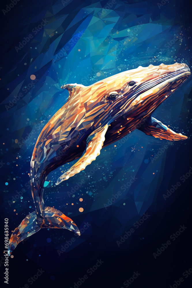 colorful illustration of magic fantasy whale swimming in open space or underwater