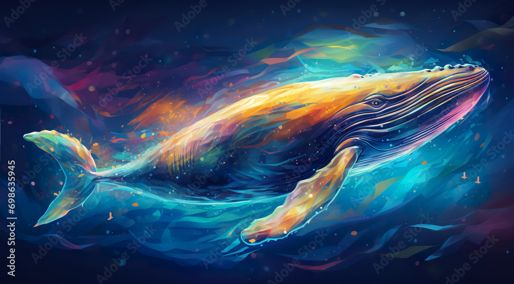 colorful illustration of magic fantasy whale swimming in open space or underwater - obrazy, fototapety, plakaty 