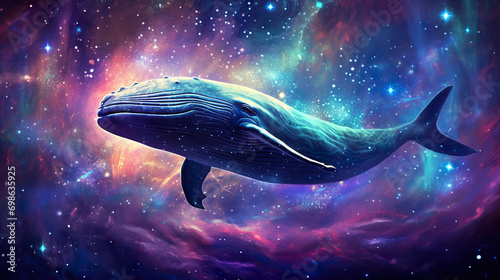 colorful stylish illustration of fantastic whale swimming in outer space with stars and nebulas, fantasy mammal in colourful cosmos photo