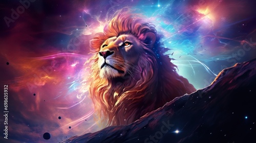 magic fantasy portrait of lion sitting in open space with stars and nebulas, king of nature in colorful cosmos © goami