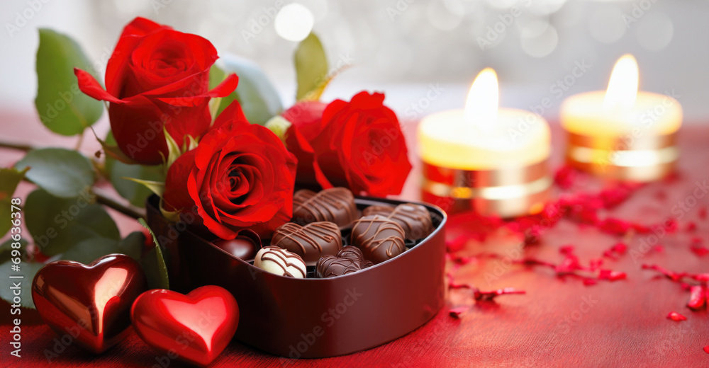 Romantic Valentine's Day Composition with Red Roses and Heart-Shaped Chocolate Box Romantic Valentine's Day Composition with Red Roses and Heart-Shaped Chocolate Box