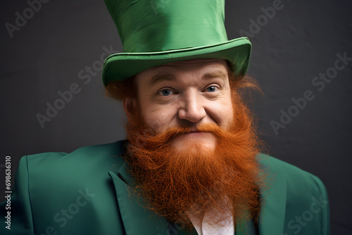 Man dressed up was iris St. Patrick's Leprechaun with green garment, top hat and red beard