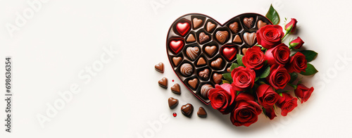 Romantic Valentine s Day Composition with Red Roses and Heart-Shaped Chocolate Box