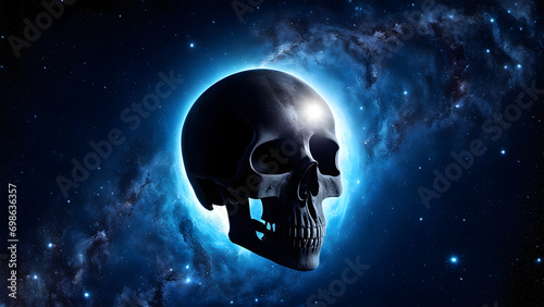 AI generated. Illustration. Human skull in space against background of moon. Space threat to humanity. Abstract background.