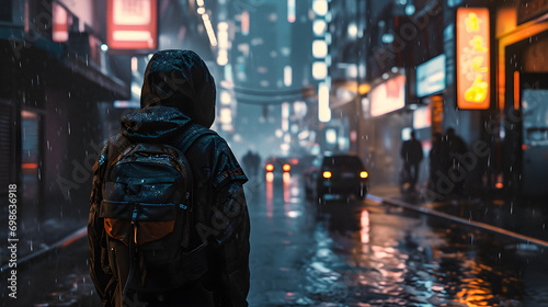 A Man Standing In The Rain In City - Generative Ai