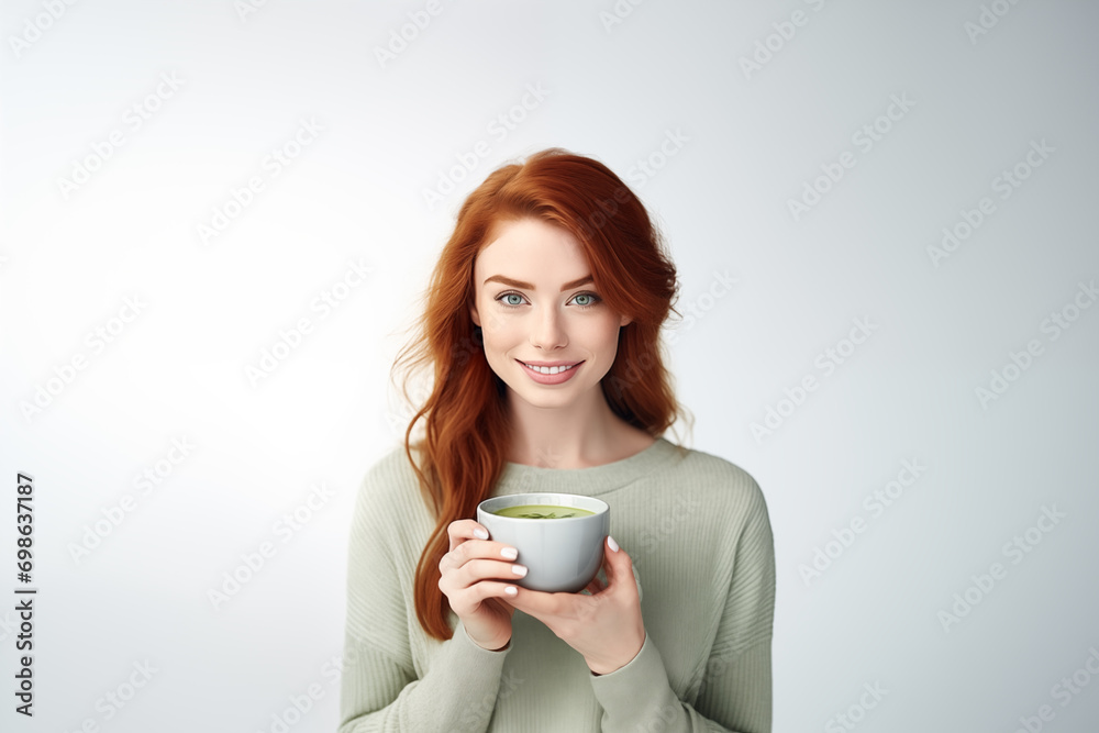 Young pretty redhead girl over isolated white background with matcha green tea Young pretty redhead girl over isolated white background with matcha green tea