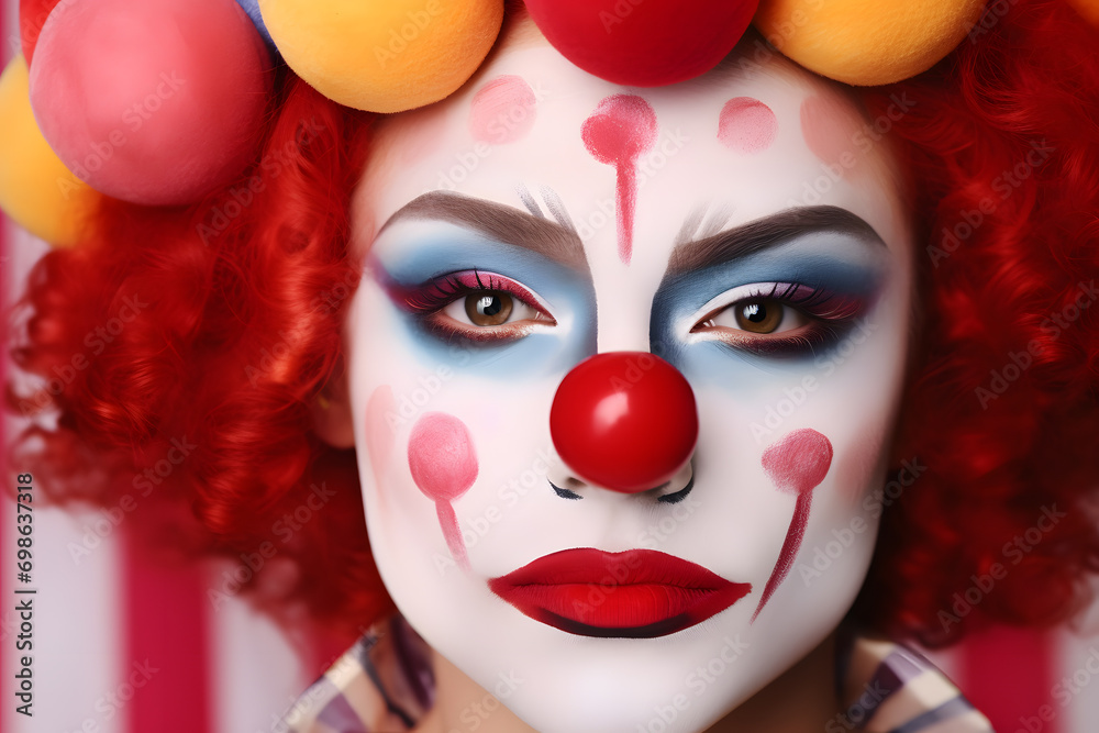Face of woman with clown costume with red curly wig, clown nose and face paint