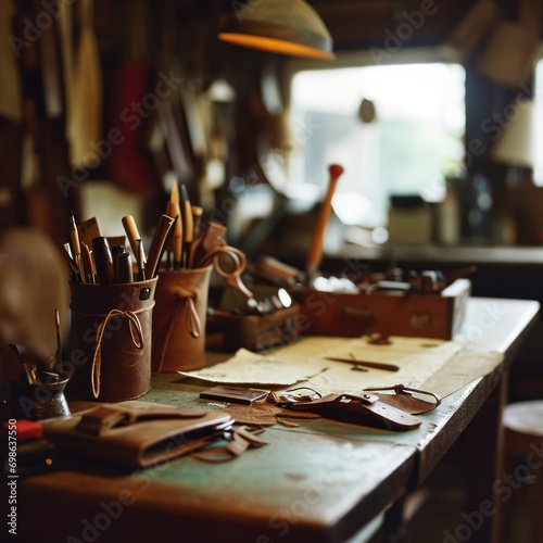 A rustic artist's workbench with leather crafting tools, materials, and projects suggesting a traditional leatherworking environment.