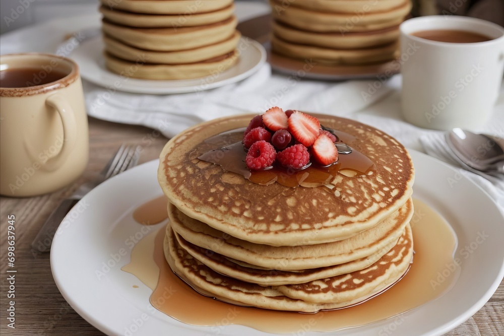
A stack of golden pancakes topped with luscious maple syrup and vibrant berries. The fluffy texture contrasts the rich syrup, while the burst of colorful berries adds a fresh, enticing appeal.