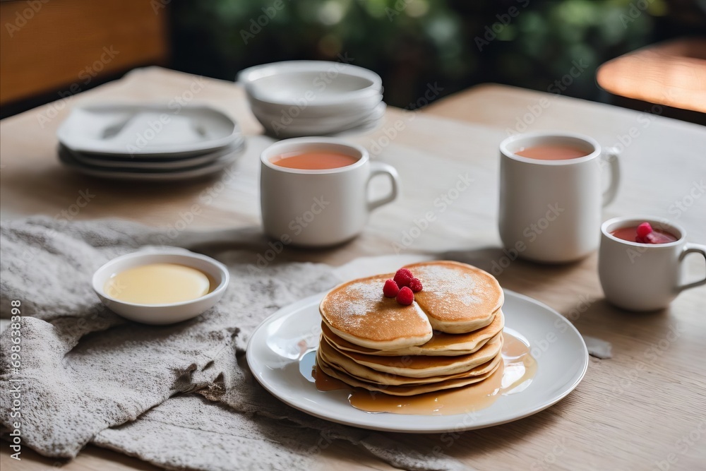 A stack of golden pancakes topped with luscious maple syrup and vibrant berries. The fluffy texture contrasts the rich syrup, while the burst of colorful berries adds a fresh, enticing appeal.
A stack of golden pancakes topped with luscious maple syrup and vibrant berries. The fluffy texture contrasts the rich syrup, while the burst of colorful berries adds a fresh, enticing appeal.