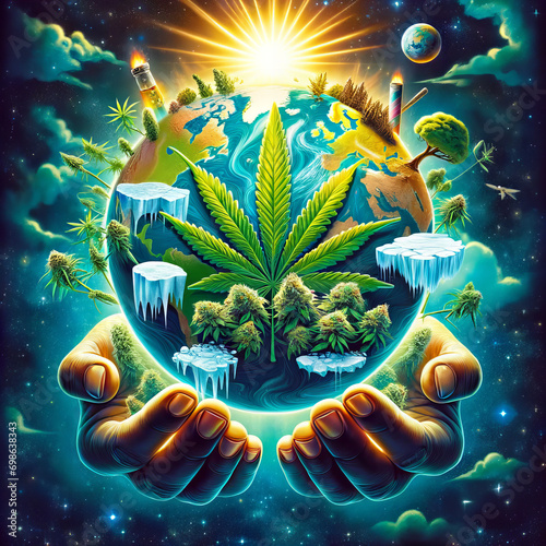 Planet Earth cradled by giant hands, with a cannabis leaf at its center