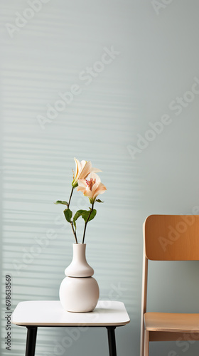 Minimalistic still life of flowers in vase, and chair on white wall background.