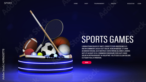 A web banner for sports betting in blue with football, basketball, baseball, tennis, balls with a bat, racket and stick on a neon podium.