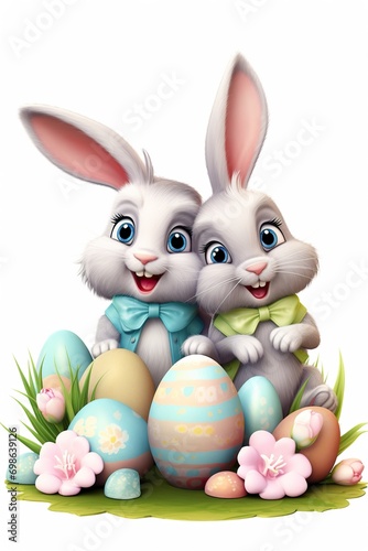 couple of cute Easter Bunnies in pastel colors  with a pile of Easter eggs