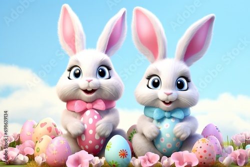 couple of cute Easter Bunnies in pastel colors, with a pile of Easter eggs