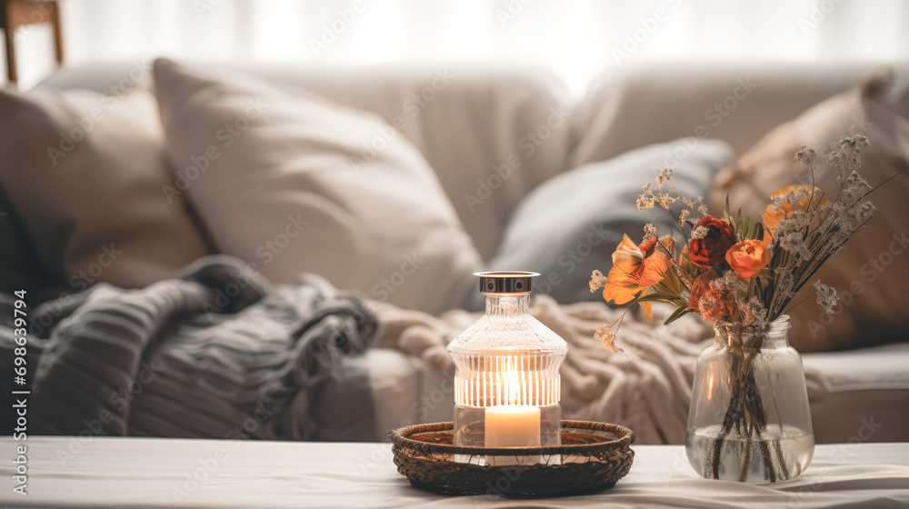 Home composition with flowers in a vase and candle on blurred room background.