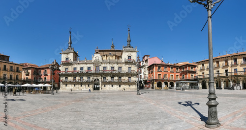 Panoramic view at the León Plaza Mayor, or Leon Mayor square, Old Town Hall of León, Municipal Plastic Arts Workshop, central plaza on downtown, an iconic city plaza