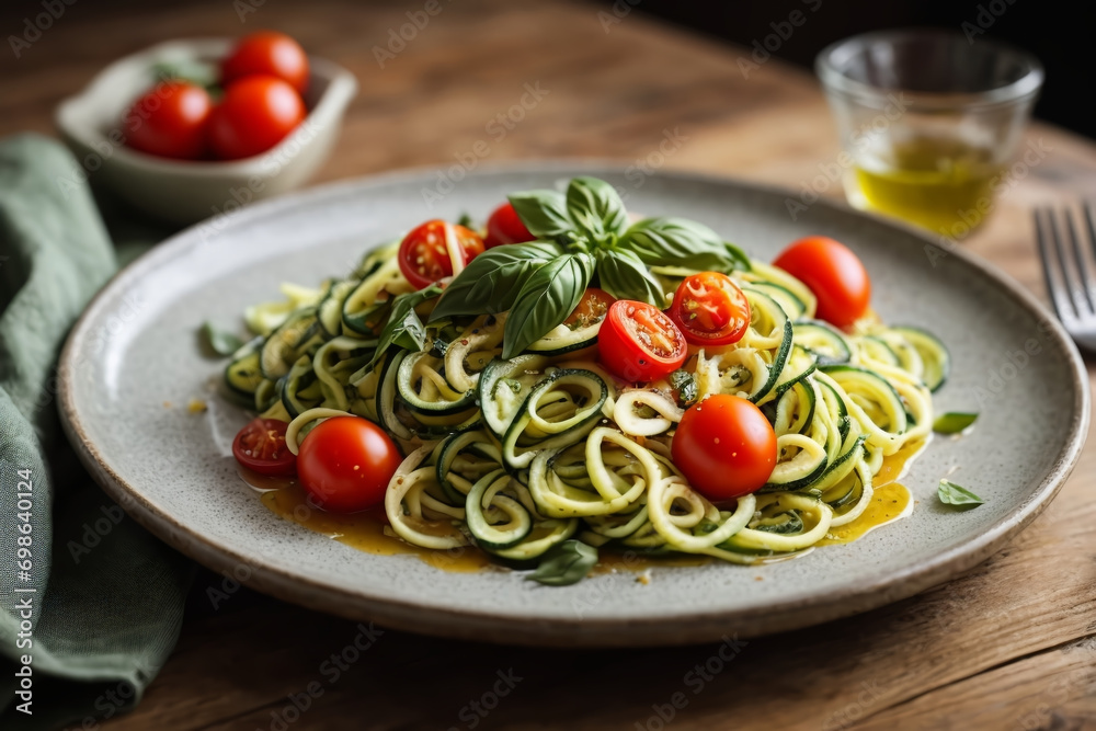 A plate of zucchini noodles intertwined with fresh cherry tomatoes and basil leaves generated with AI