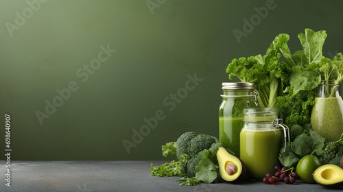 Refreshing Green Health Smoothie in Glass Jar Mugs with Kale Leaves - Nutritious Organic Beverage for Wellness and Fitness, Ideal for Summer Hydration.