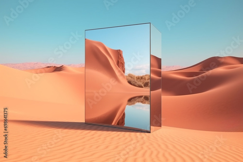 Landscape, graphic resources concept. Abstract and surreal background of glass mirror object placed in sand desert dune. Clear blue sky with copy space. Blank product placement background photo