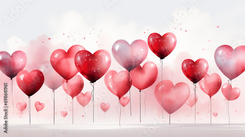 Gradient colored heart background. Heart happed balloons floating above the water Valentine s Day pink heart with red and hearts floating in the air.