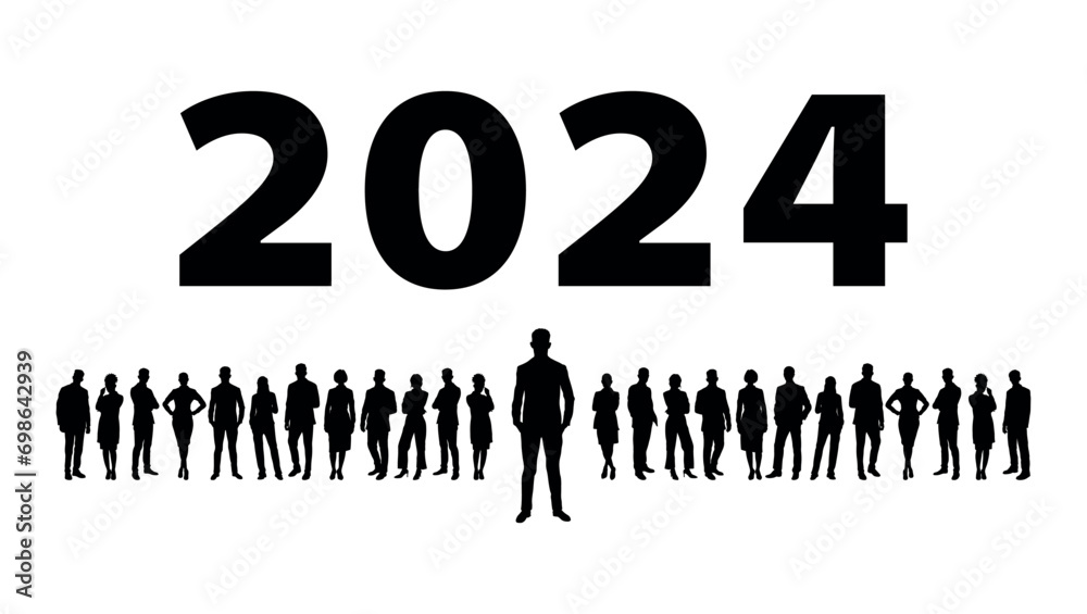 Vetor de Group of business people standing together new year 2024 silhouettes. Social