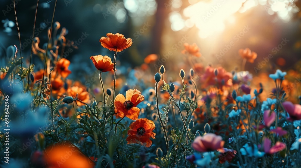 a field of flowers with the sun shining through
