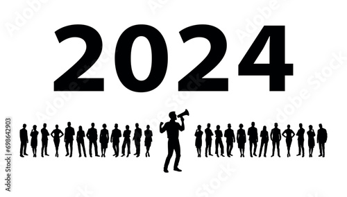 Businessman speaking through megaphone speaker in front of crowd business people welcoming the year 2024 vector silhouettes. Motivator 