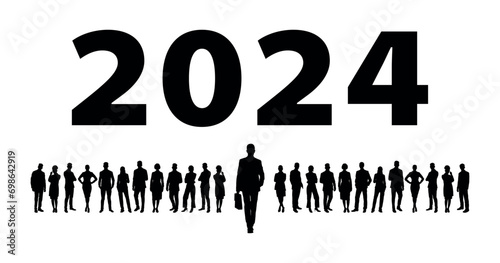 Group of business people standing together welcoming new year 2024 silhouettes. Happy new year 2024 people silhouettes.