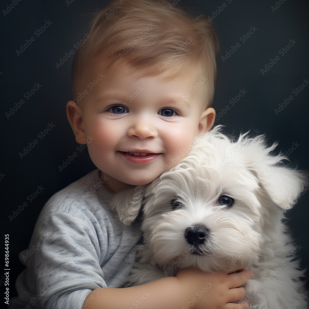 Child holding baby dog. Kids and pets. Little boy hugging cute white terrier puppy. Domestic animal in family with kids. Children with home pet animals Child holding baby dog. Kids and pets. Little boy hugging cute white terrier puppy. Domestic animal in family with kids. Children with home pet animals
