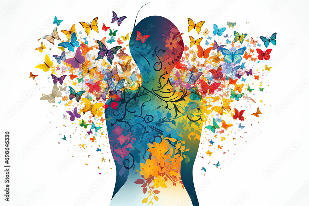 butterflies in a garden, representing mental health resilience, rebirth