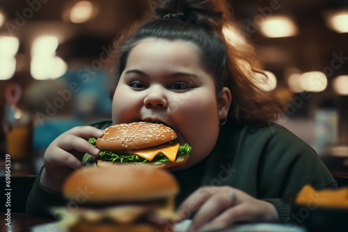 Fat girl eating hamburger in fast food restaurant. A girl with an obese body sits at table with bunch of hamburgers and fast food. Overweight girl eating burger. Obesity, weight problems and diabetes photo
