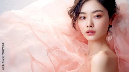 Portrait of a Beautiful Japanese Woman in an Airy Light Pink Dress.
