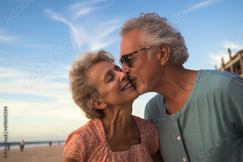 Pareja de mujer y hombre felices y enamorados  de mediana edad, dandose un beso en una playa paradisiaca,  photo