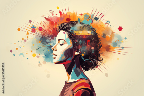 An Illustration Showing the Concept of Exploring the Mind, Self-discovery, Introspection, Soul Searching Within and Psychology in a painted drawn style photo