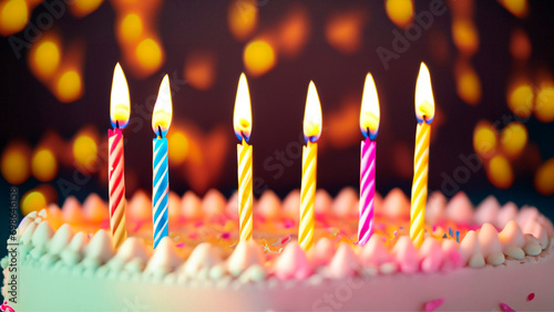 Close-up em bolo de aniversário com velas acesas e fundo desfocado. photo