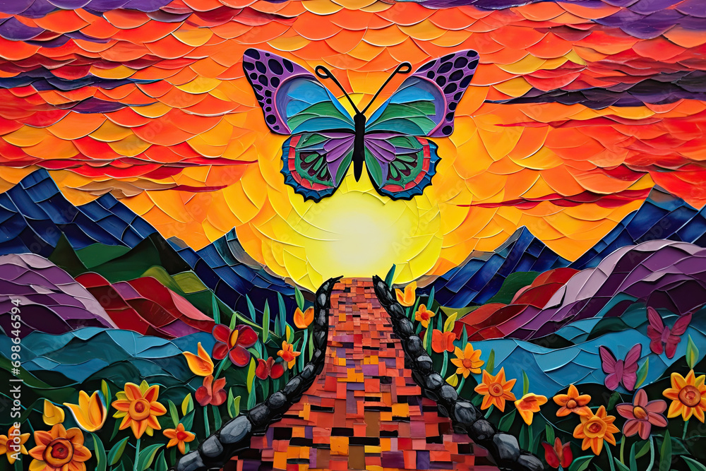 butterflies in a garden, representing mental health resilience, rebirth, transformation, freedom, metamorphosis, and positivity.  Symbolic of overcoming obstacles and adversity. - obrazy, fototapety, plakaty 