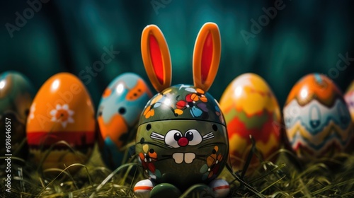 Illustration of a toy easter bunny children's toy in military style and interestingly painted eggs in the back photo