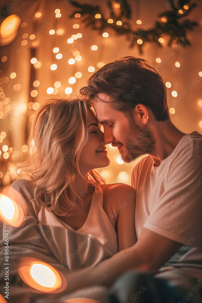 Couple Sharing a Romantic Moment Amidst Fairy Lights
