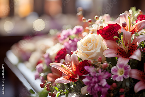 A lovely dark wood coffin adorned with roses, lilies, and carnations creates a lush display. Shot up close, the image captures intricate details, enhanced by soft, diffused light for a warm atmosphere photo
